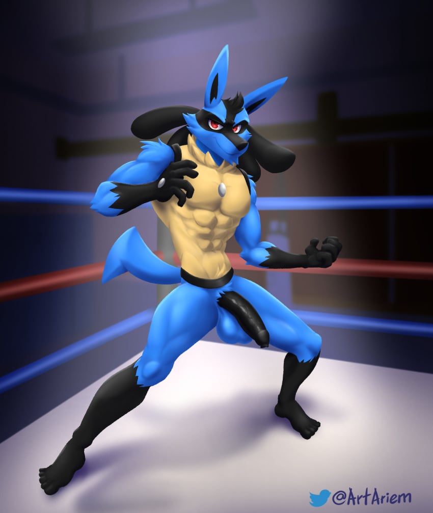 2022 abs anthro artariem athletic balls biceps big_balls big_penis black_penis blue_body digital_media_(artwork) digital_painting_(artwork) fighting_pose fighting_ring flaccid foreskin full-length_portrait genitals gym hi_res lucario male male_only mammal muscular nintendo nude penis pokemon pokemon_(species) portrait pose red_eyes signature solo standing text url video_games yellow_chest