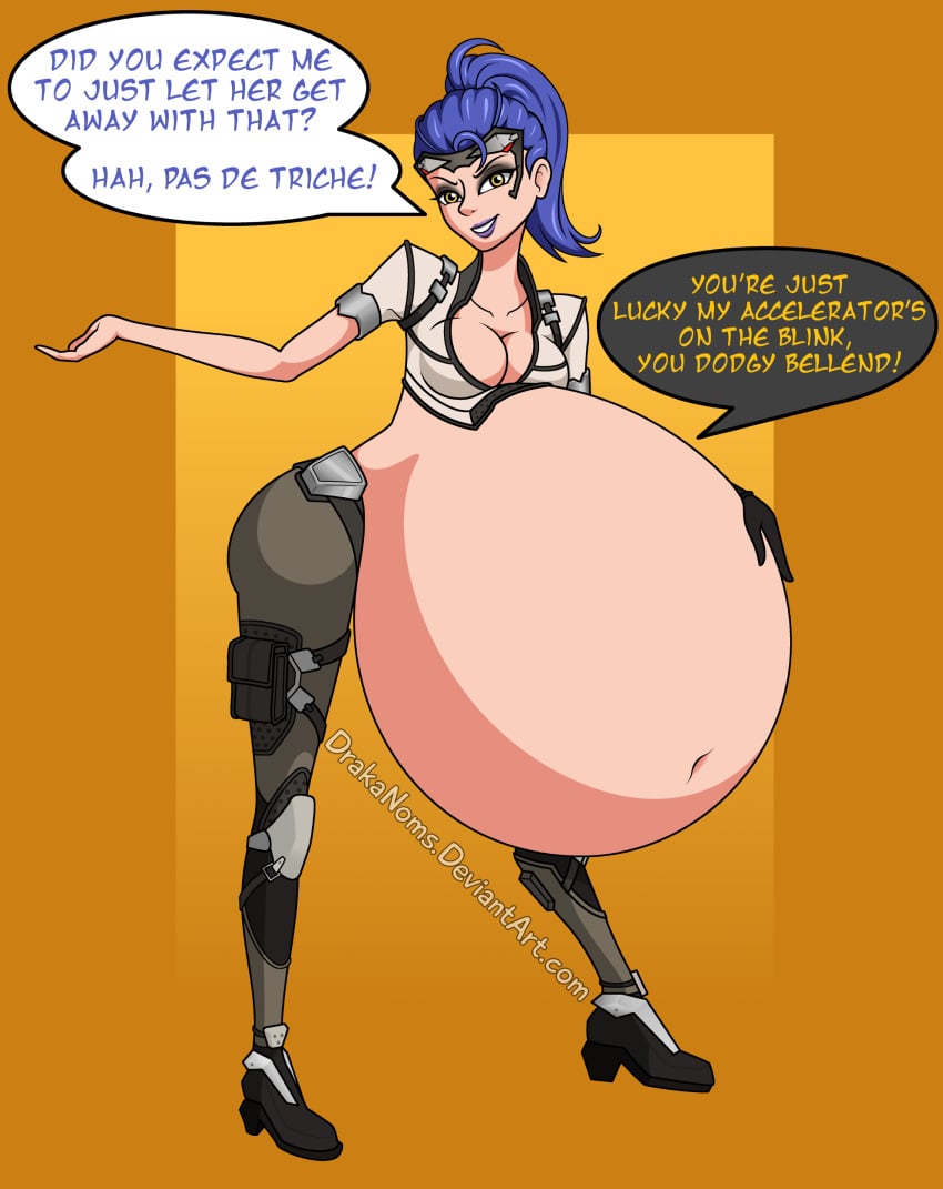 belly big_belly big_breasts blue_hair breasts cleavage clothing drakanoms female huge_belly overwatch same_size_vore tracer vore widowmaker