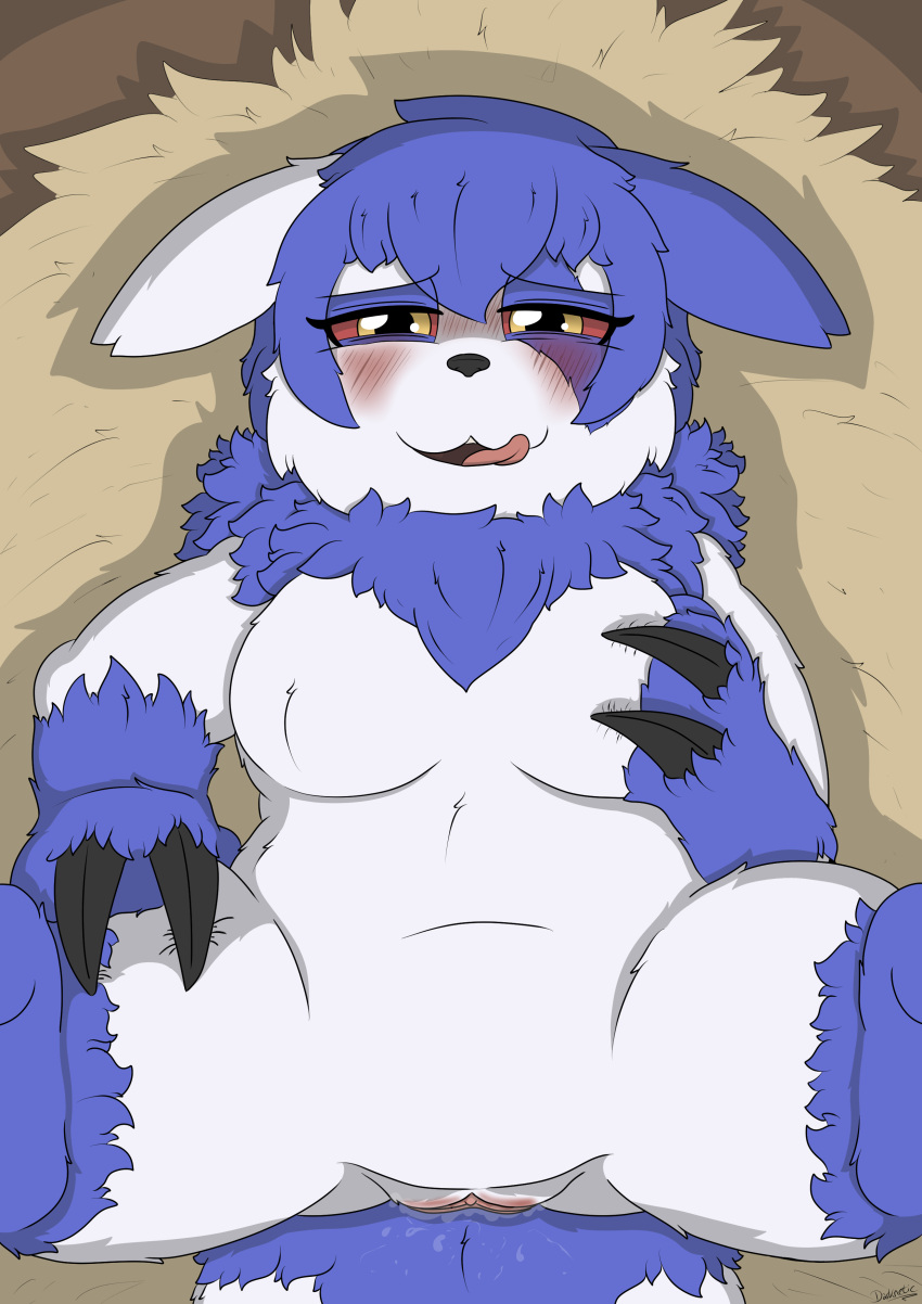 absurd_res amy_the_mystgoose blue_body blue_fur blush bodily_fluids breasts claws darknetic digital_media_(artwork) female feral fluffy fluffy_tail fur genital_fluids genitals hi_res hybrid in_heat licking licking_lips looking_at_viewer meowstic mystgoose neck_tuft nintendo open_mouth pokémon_(species) pokemon pokemon_(species) pokemon_only pussy pussy_juice red_sclera shaded slightly_chubby solo spread_legs spreading tongue tongue_out tuft video_games white_body white_fur yellow_eyes zangoose