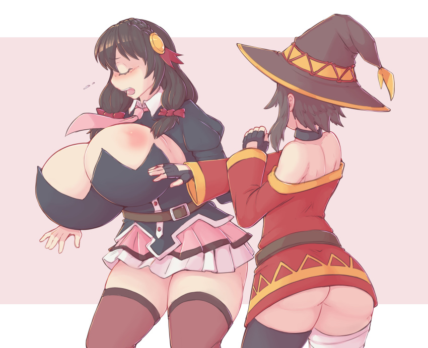 2girls ass big_breasts blush bottom_heavy breast_slap breasts closed_eyes female female_only gloves hat huge_breasts kittenboogers kono_subarashii_sekai_ni_shukufuku_wo! legwear legwear_only megumin meme moaning short_hair slap slap_mark slapping small_breasts thick_thighs thighhighs thighs uncensored will_smith_slap witch_hat yunyun_(konosuba)