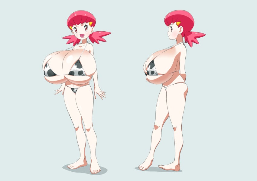 1girls alternate_breast_size alternate_version_available ass big_breasts bikini bikini_bottom bikini_top bottomwear breasts clothing cow_print cow_print_bikini feet female female_only full_body game_freak hands_behind_back huge_breasts ika_daishogun large_breasts legs massive_breasts pink_hair pokemon pokemon_gsc red_eyes smile solo solo_female thick_thighs thighs topwear whitney_(pokemon)