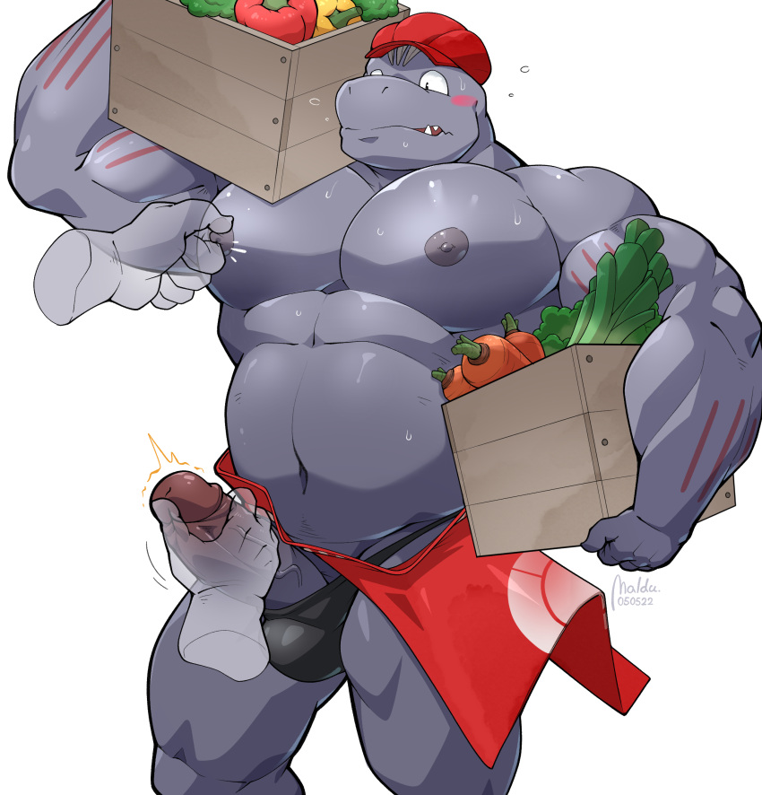 absurd_res anthro bara big_pecs bulge carrot clothed clothing disembodied_penis erection food fruit genitals grey_body grey_skin handjob hat headgear headwear hi_res holding_object humanoid_genitalia humanoid_penis machoke maldu male male_only muscular muscular_anthro muscular_male nintendo nipple_fetish nipple_pinch nipple_play nipples pecs penile penis pepper_(fruit) pinch plant pokémon_(species) pokemon pokemon_(species) red_clothing red_hat red_headwear sex simple_background solo speedo swimwear topless vegetable video_games white_background