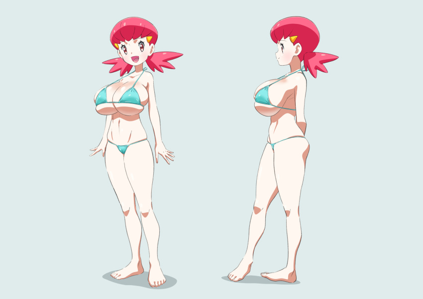 1girls alternate_breast_size alternate_version_available ass big_breasts bikini bikini_bottom bikini_top blue_bikini bottomwear breasts clothing feet female full_body game_freak hands_behind_back huge_breasts ika_daishogun large_breasts legs massive_breasts pink_hair pokemon pokemon_gsc red_eyes smile thick_thighs thighs topwear whitney_(pokemon)