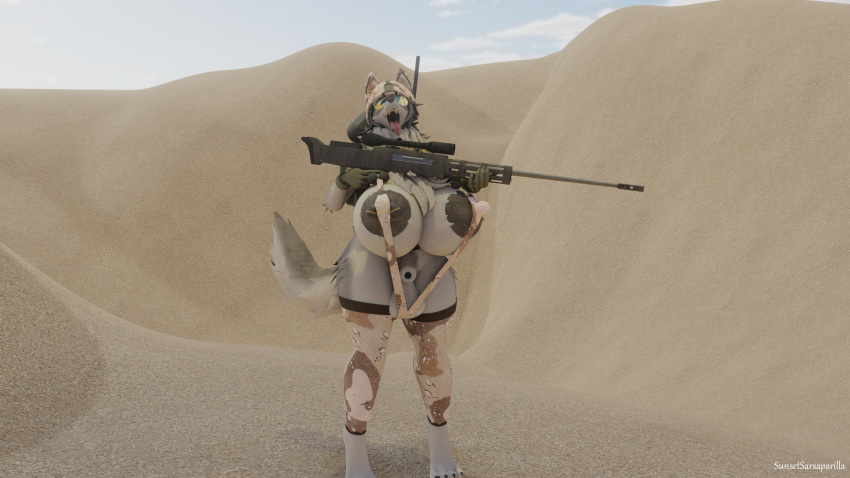 absurd_res animal_genitalia anthro armor big_breasts big_nipples bikini blender_(software) breasts camo canid canine canis clothing desert domestic_dog dust explosives eyewear female fully_sheathed futanari genitals gloves grenade gun gynomorph handwear headgear helmet hi_res husky intersex mammal mature_female mercenary military mouth_shot night_vision nipples nordic_sled_dog open_mouth ranged_weapon rifle sheath sling_bikini slingshot sniper_rifle solo solo_focus spitz sunglasses sunsetsarsaparilla swimwear thick_thighs tongue tongue_out weapon