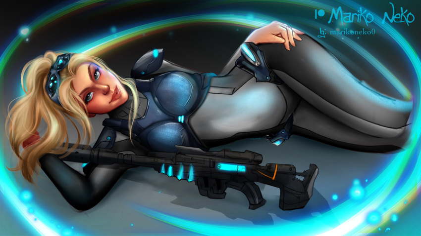 1girls amelie_lacroix blizzard_entertainment blonde_hair female lying lying_on_side marikoneko marikoneko0 nova_(starcraft) nova_widowmaker overwatch overwatch_2 sniper_rifle starcraft starcraft_2 suit widowmaker