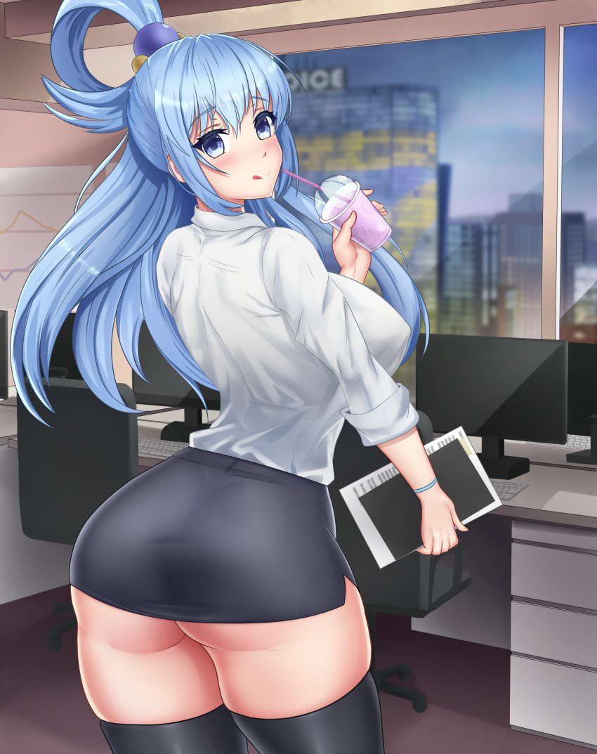 1girls aqua_(konosuba) ass big_ass blue_eyes blue_hair bottomwear dat_ass drink female female_only grey_skirt hair holding_drink huge_ass iosiflist kono_subarashii_sekai_ni_shukufuku_wo! long_hair miniskirt no_panties office office_lady shirt skirt smile solo solo_female thick_thighs thighhighs thighs tongue tongue_out topwear white_shirt