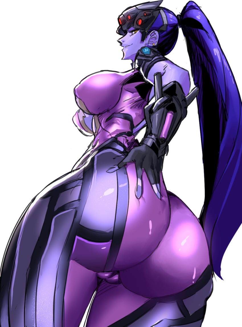 ass blue_hair breasts female female_only gamjasssak huge_ass large_breasts long_hair overwatch ponytail purple_skin solo sorysam2005 thick_thighs tight_clothing widowmaker