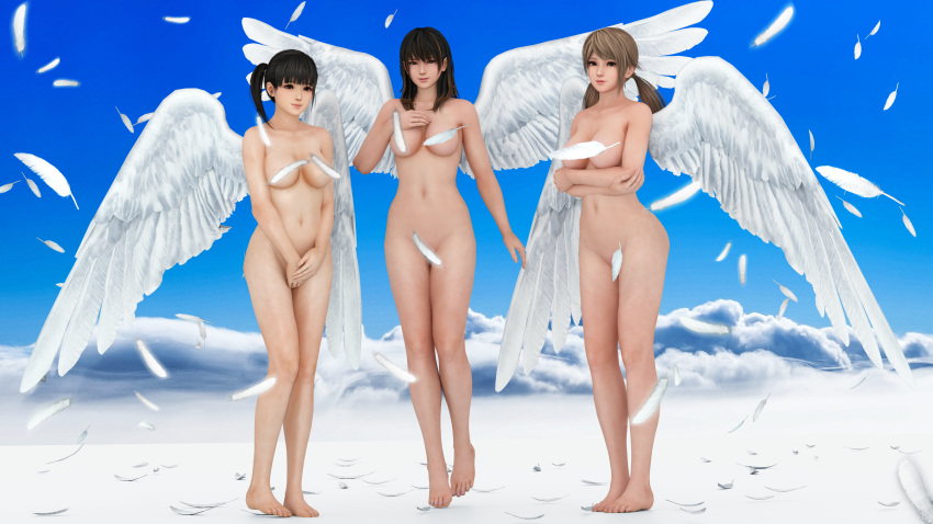 3d 3girls amy_(doa) angel angel_wings black_hair brown_hair convenient_censoring dead_or_alive dead_or_alive_xtreme_venus_vacation koharu_(doa) light_brown_hair looking_at_viewer naked nanami_(doa) nude nude_female rg9-noct side_ponytail twintails