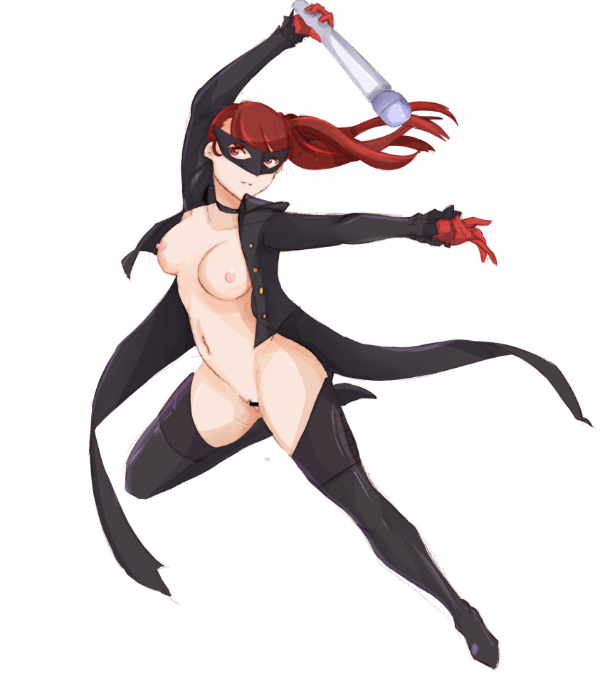 1girls 9_9bird atlus exposed_breasts exposed_pussy exposed_torso holding_object kasumi_yoshizawa long_hair mask persona persona_5 persona_5_royal ponytail red_hair sex_toy solo sumire_yoshizawa