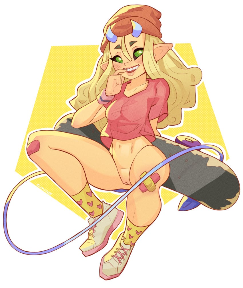 beanie blonde_hair bottomless curly_hair cute female female_only glowing_eyes green_eyes horns klimspree long_hair pointy_ears pointy_tail pussy sharp_teeth shirt skateboard skater_succubus sneakers succubus