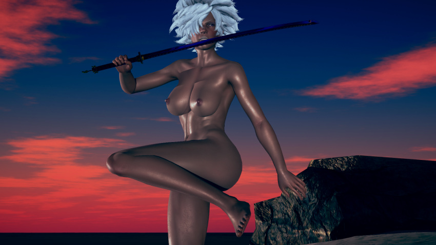 3d afro ass back bare_shoulders barefoot beach big_lips breasts dark-skinned_female dark_skin effineffer hair_over_one_eye hips katana lips nintendo nintendo_switch no_more_heroes nude pubic_hair purple_eyes pussy shinobu_jacobs sideboob sword thighs training waist white_hair