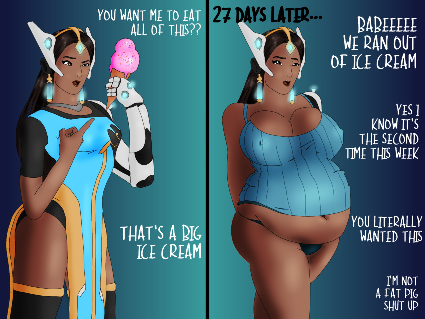 2d bbw belly big_belly big_breasts breasts cleavage dark-skinned_female dark_skin fat feedee feederism female huge_breasts indian lololxdxd nipple_bulge overwatch overweight sequence symmetra thick_thighs thighs weight_gain