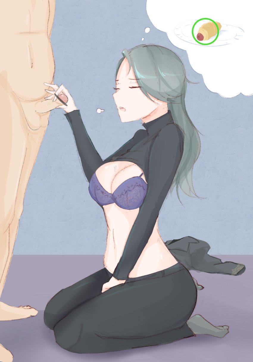 1boy 1girls 9_9bird atlus bra clothed_female_nude_male grey_hair handjob kneeling lingerie long_hair persona persona_5 resigned sae_niijima small_penis small_penis_humiliation turtleneck