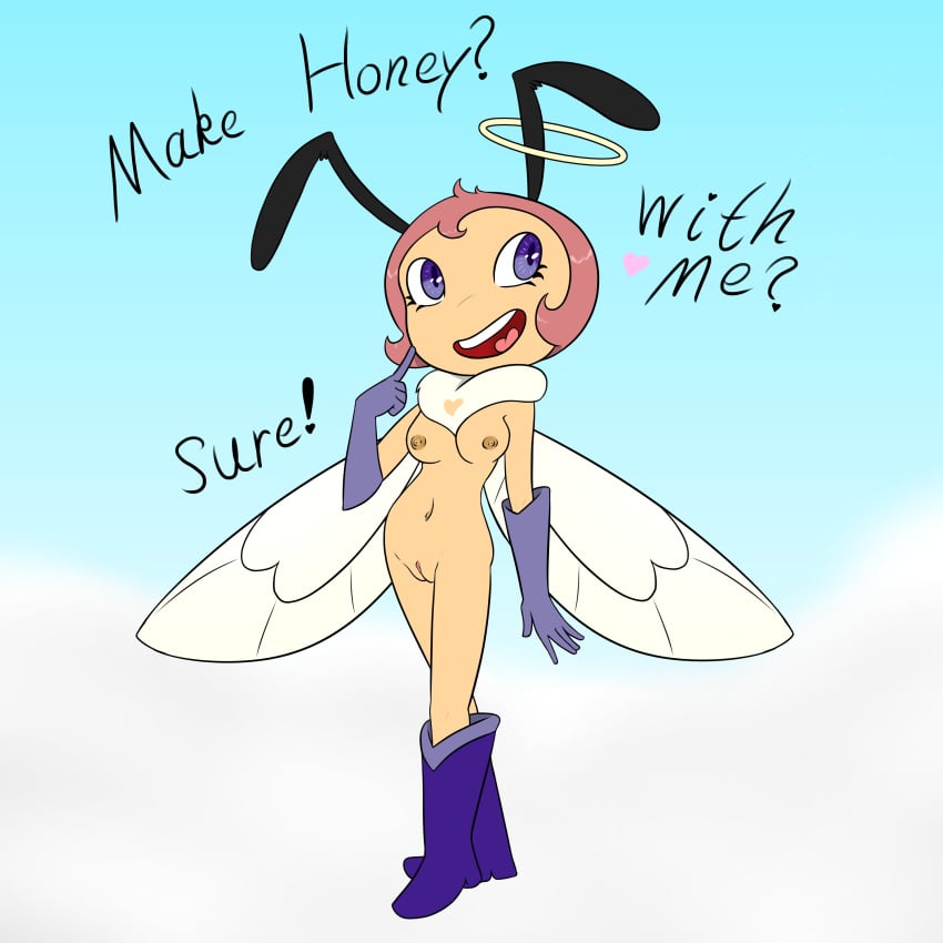 absurd_res angel antennae_(anatomy) arthropod bee boots breasts cherub clothing female footwear genitals gloves hair halo handwear helluva_boss hi_res honey_(helluva_boss) hymenopteran insects mostly_nude neck_tuft open_mouth open_smile purple_eyes pussy red_hair smile solo text tuft whitebats wings