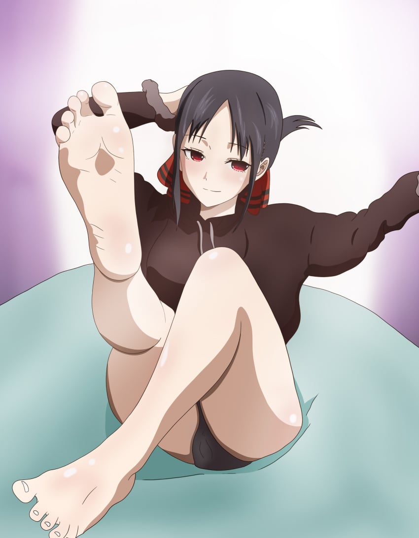 1girls bare_soles barefoot black_hair blush clothed electricshark feet female female_only foot_fetish foot_focus kaguya-sama_wa_kokurasetai_~tensai-tachi_no_renai_zunousen~ legs light-skinned_female light_skin panties red_eyes shinomiya_kaguya sitting soles thighs toes vagina