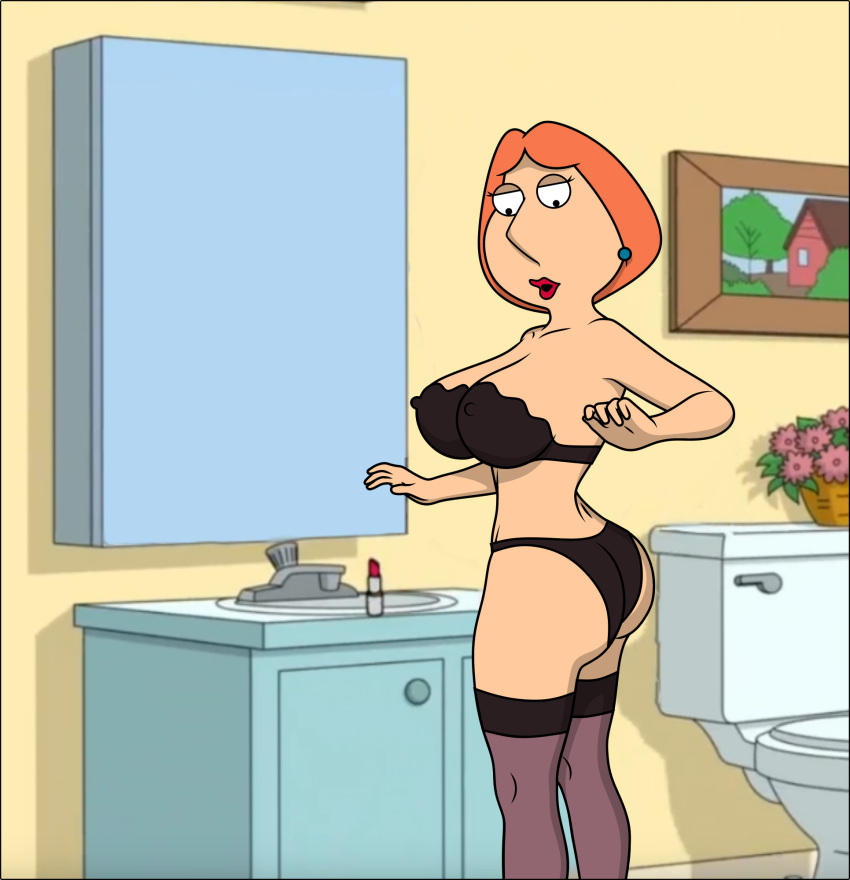 back_view bathroom bra breasts breasts erect_nipples family_guy lingerie lois_griffin panties red_hair sexfightfun show smiley_face stockings