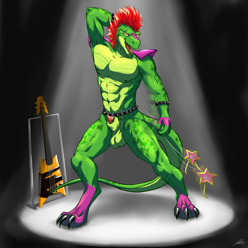 abs absurd_res animal_genitalia anthro arcwolfdragon athletic balls big_balls big_muscles claws eyewear five_nights_at_freddy's five_nights_at_freddy's:_security_breach genitals green_body guitar hair hi_res invalid_tag looking_at_viewer male male_only montgomery_gator_(fnaf) muscular musical_instrument nipples nude open_mouth pecs penis penis_tip plucked_string_instrument scottgames sheath simple_background smile solo solo_male spreading standing string_instrument teeth video_games