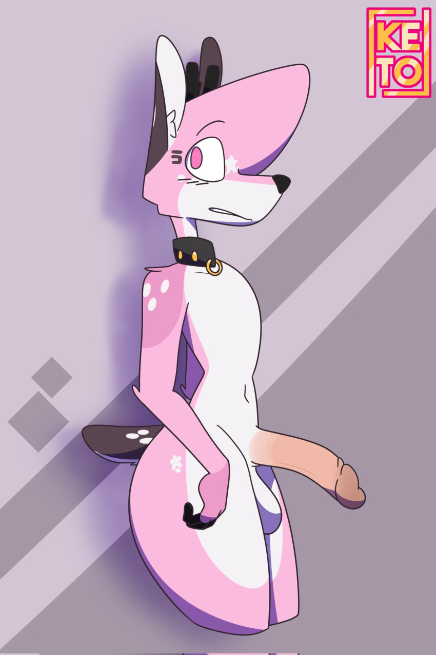 1boy anthro antlers choker deer deer_boy femboy fur furry huge_cock hung_trap keto_(ketofur) ketofur nervous pink_eyes pink_fur pink_hair thick_thighs