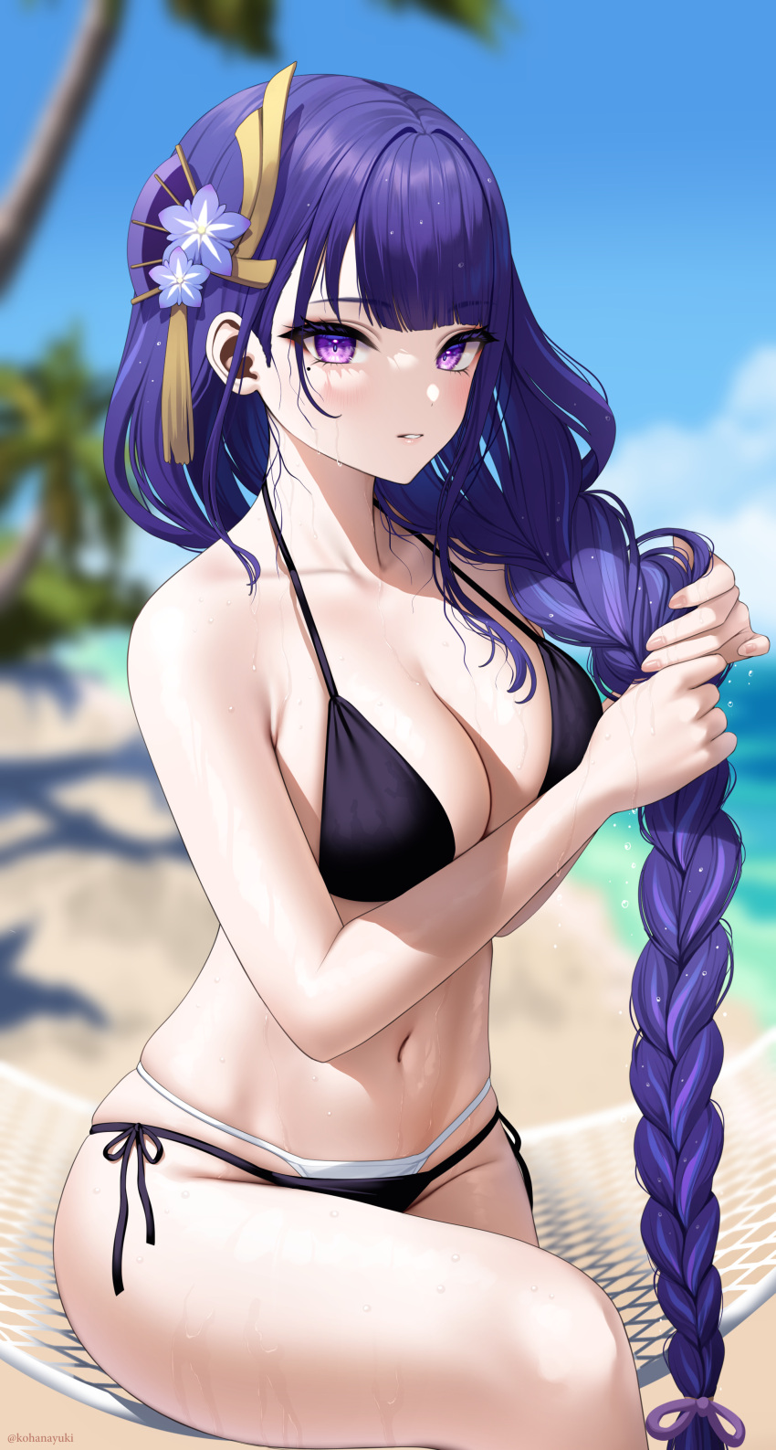 absurdres bangs beach big_breasts bikini black_bikini blue_sky blunt_bangs blurry blurry_background braid braided_ponytail breasts cleavage curvy day eyebrows_visible_through_hair female flower genshin_impact hair_flower hair_ornament hair_tassel hammock highres holding holding_hair hourglass_figure huge_breasts kohanayuki large_breasts long_hair looking_at_viewer midriff mole mole_under_eye navel outdoors palm_tree parted_lips purple_eyes purple_flower purple_hair raiden_shogun sand side-tie_bikini sitting skindentation sky smile solo stomach strap_gap swimsuit thick_thighs tree very_long_hair voluptuous water wet white_bikini wringing_hair