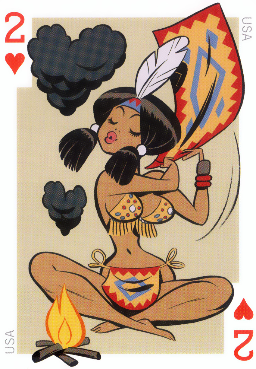 54_international_cuties big_lips bikini bill_presing black_hair dark-skinned_female dark_skin feather_in_hair feathers fire heart_(symbol) hourglass_figure leather_clothing national_personification native_american native_american_clothing pinup playing_card revealing_clothes sitting smoke smoke_signal smoke_signals towel united_states_of_america