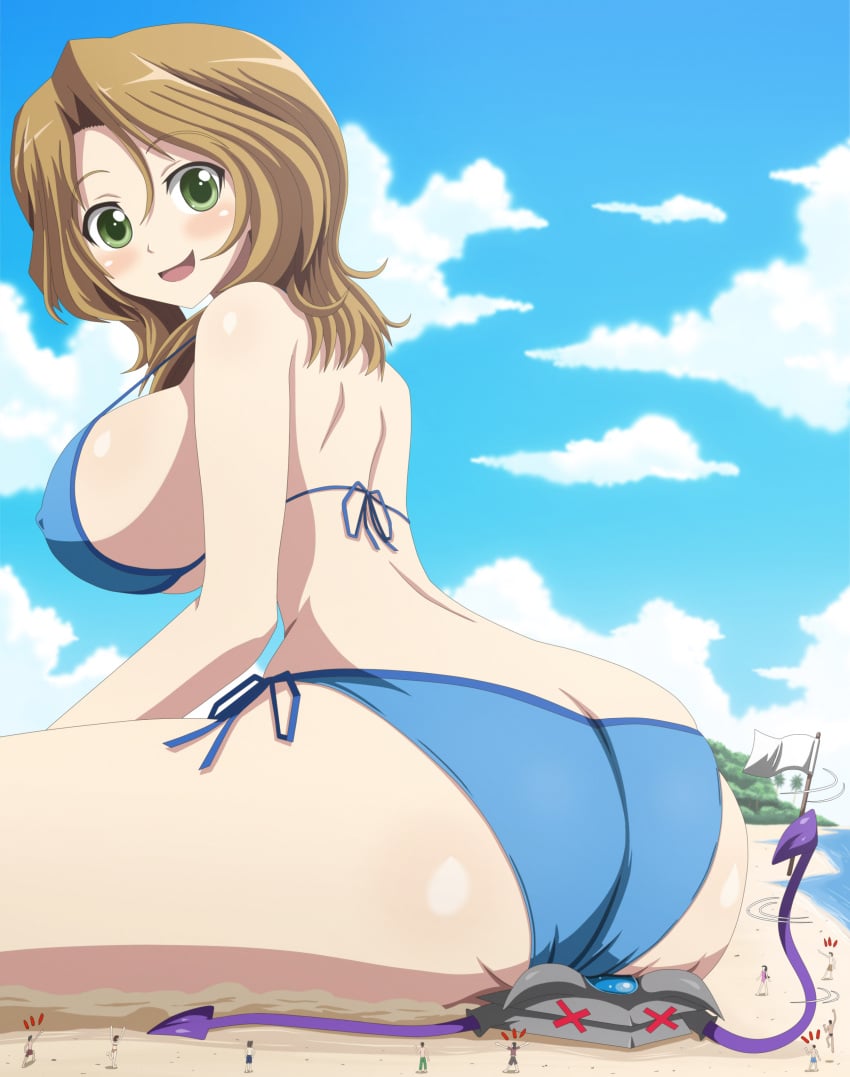 2021 ass beach big_breasts bikini butt_crush demolition_girl dream_c_club female_focus futaba_riho giantess green_eyes jenny_secret short_hair tagme thick_thighs