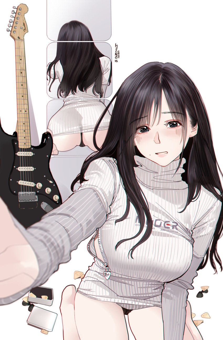 1girls ass bangs bare_legs barefoot black_eyes black_hair black_panties blush breasts female female_only grey_sweater guitar highres hitomi_o instrument large_breasts long_hair long_sleeves looking_at_viewer mirror mole_under_mouth original outstretched_arm panties plectrum pov reflection ribbed_sweater sitting solo sweater turtleneck turtleneck_sweater underwear white_background