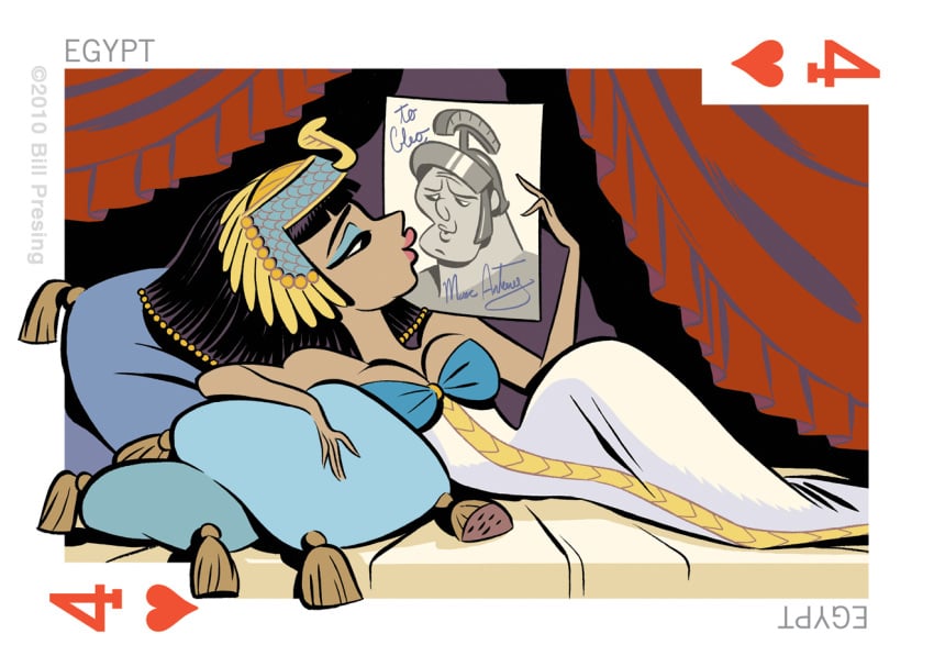 54_international_cuties ancient_middle_east bill_presing cleopatra crush egypt egyptian egyptian_clothes egyptian_female egyptian_headdress history laying_on_bed lipstick lying_on_bed makeup mark_antony middle_eastern middle_eastern_clothing middle_eastern_female monarch pharaoh photo photo_(object) pillow pinup playing_card shoulderless_dress white_clothing white_pants