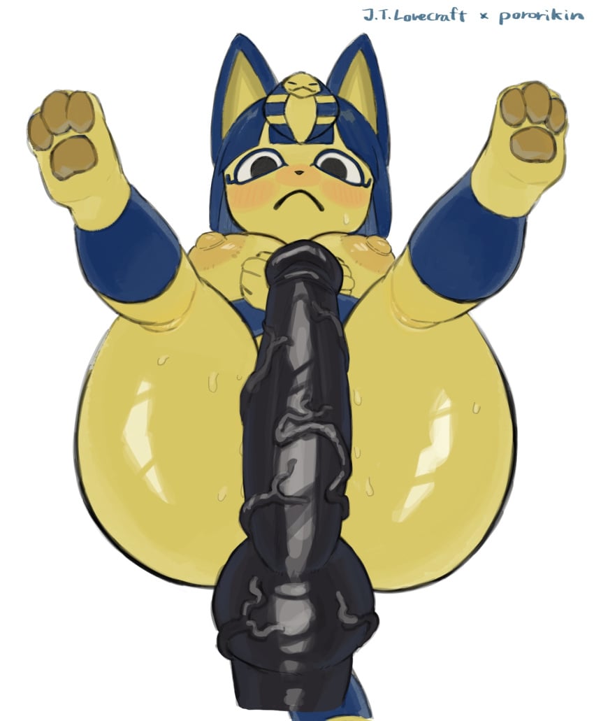 2020 accessory animal_crossing ankha ankha_(animal_crossing) anthro anus ass big_anus big_dildo blue_hair blush bodily_fluids breasts digital_media_(artwork) dildo domestic_cat egyptian felid feline felis female fingers fur genitals hair hair_accessory hi_res knotted_dildo legs_up looking_at_viewer lube mammal markings nintendo nipples nude pawpads pororikin presenting presenting_hindquarters puffy_nipples sex_toy simple_background solo striped_markings striped_tail stripes sweat tail_markings uraeus veiny_dildo video_games white_background yellow_body