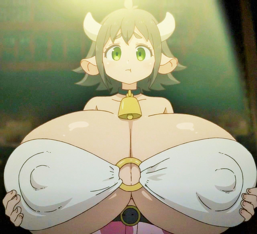 2020 animal_ears anime_screencap bare_shoulders bell_collar belt bovine bust cow_bell cow_ears cow_girl cow_horns cropped_torso cute female full_cleavage green_eyes guinea_(ishuzoku_reviewers) horns hyper_breasts ishuzoku_reviewers minotaur_girl monster_girl neoteny nipple_bulge o-ring o-ring_top passione_(company) pout pouting screencap screenshot small_but_busty solo white_horns