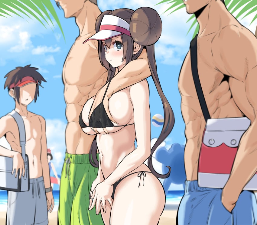 1girls 3boys abs alternate_breast_size beach big_breasts bikini black_bikini blue_(pokemon) blue_eyes blue_oak blush breast_grab breasts brown_hair busty cheating cuckold curvy curvy_female dominant_male double_bun female female_focus groping hair_bun hi_res jealous kook large_breasts looking_at_viewer male maledom muscles muscular muscular_male nate_(pokemon) netorare nintendo ntr pokemon pokemon_bw2 red_(pokemon) rosa_(pokemon) selene_(pokemon) size_difference submissive_female swimming_trunks taller_male thick_thighs toned toned_male topless twintails voluptuous wide_hips