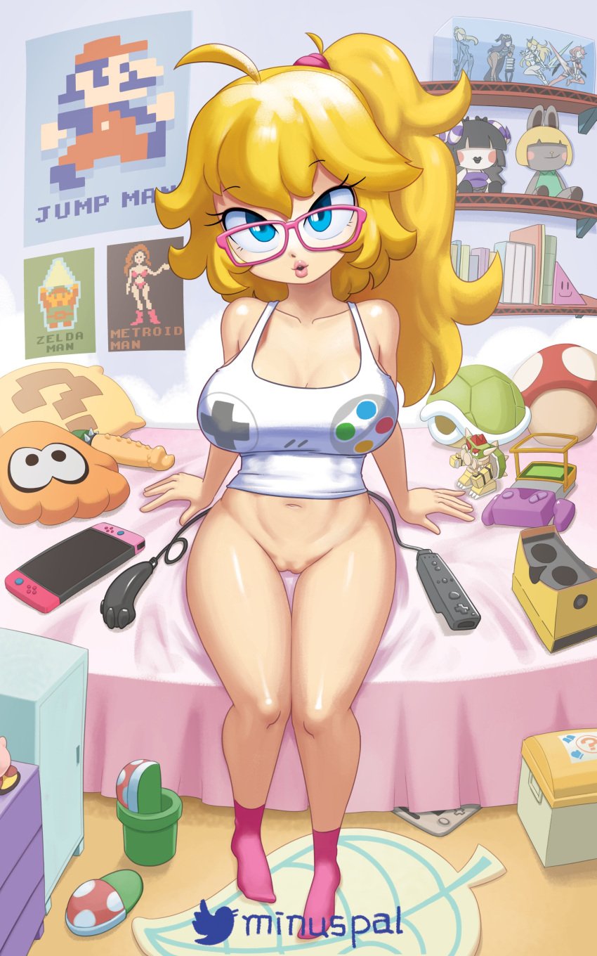 1girls 2022 ? absurd_res ahoge amiibo animal_crossing artist_name bare_arms bare_shoulders bed bed_sheet bedroom bent_wrist blonde_hair blue_eyes book bottomless breasts casual cleavage clitoris clothing controller detailed_background dildo doll donkey_kong_(arcade) electronics eyebrows_visible_through_hair feet female female_only figure fire_emblem fire_emblem_awakening full_body furniture game_boy game_console glasses hair_between_eyes highres human indoors kirby_(series) koopa_shell large_breasts leaf lips long_hair long_ponytail looking_at_viewer mario_(series) mario_and_luigi_(series) messy_hair metroid minus8 navel nintendo nintendo_labo nintendo_switch on_bed open_mouth pale_skin paper_mario papercraft pillow plushie ponytail poster princess_peach pussy rug seductive sex_toy shelf shell shirt shoes shoes_removed signature sitting sitting_on_bed smile snes socks solo splatoon super_mario_bros. super_mario_bros._(nes) super_mario_world super_mushroom super_nintendo_entertainment_system tank_top teeth television the_legend_of_zelda the_legend_of_zelda_(nes) thighs tied_hair toy twitter_username video_game_controller video_games warp_pipe watermark wii wii_nunchuk wii_u wii_u_gamepad wiimote xenoblade_(series) xenoblade_chronicles_2