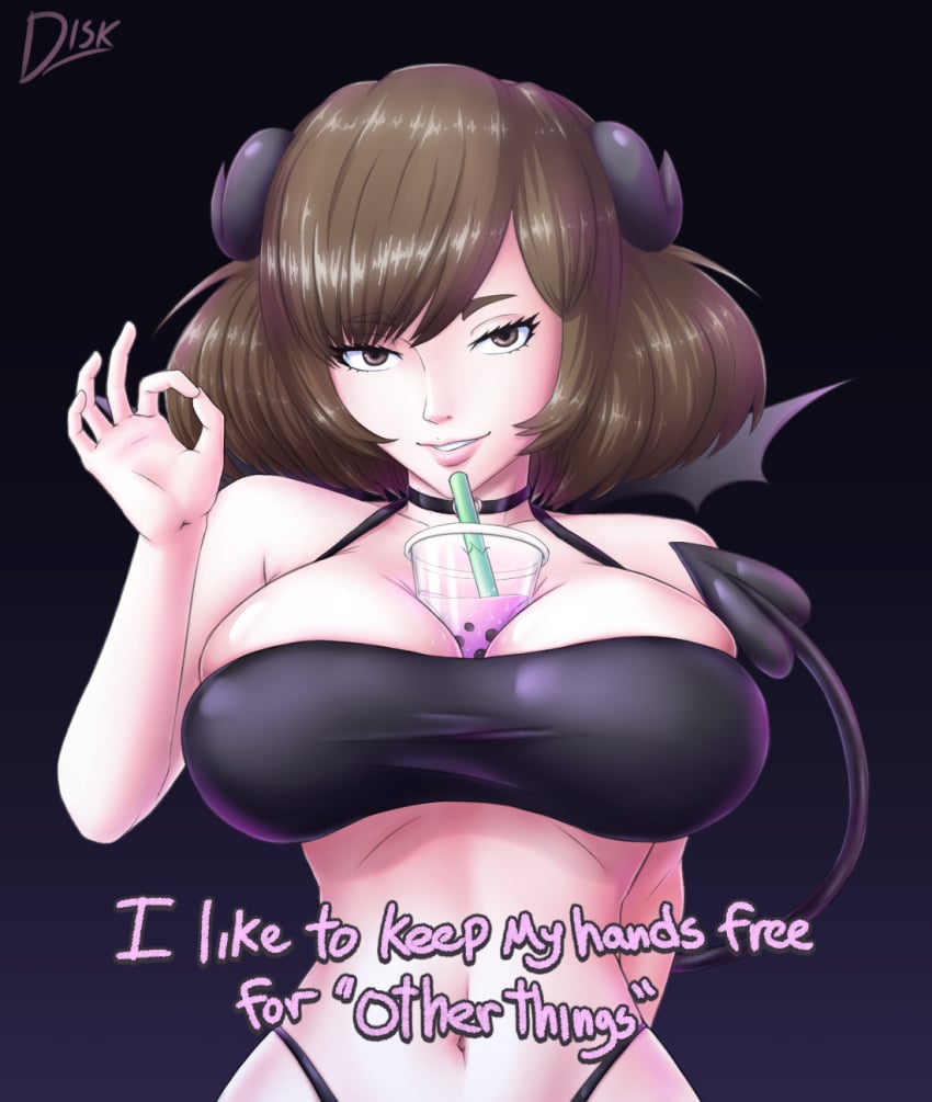 breasts brown_hair diskette hands-free_bubble_tea horns light-skinned_female light_skin looking_at_viewer sette_(diskette) short_hair succubus text