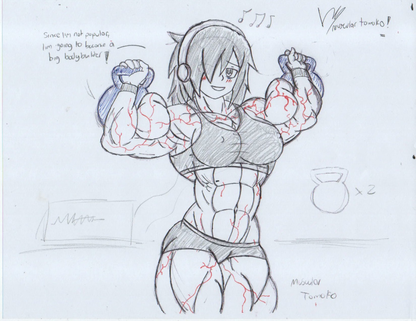 abs biceps big_muscles danodrawings exercise extreme_muscles headphones headphones_on_head huge_muscles hyper_muscles kettlebell kuroki_tomoko looking_at_viewer muscles muscular_arms muscular_legs six_pack sketch vascular veins veiny veiny_muscles watashi_ga_motenai_no_wa_dou_kangaetemo_omaera_ga_warui! workout workout_clothes workout_equipment