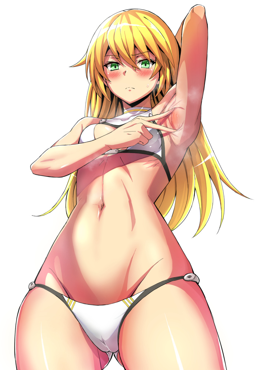 1girls annoyed armpit_fetish armpit_spread armpits bikini blazblue blonde_hair blush breasts cameltoe cleavage female female_only green_eyes highres legs long_hair looking_at_viewer looking_down navel noel_vermillion presenting_armpit small_breasts smell solo spread_armpit swimsuit thighs toned white_bikini