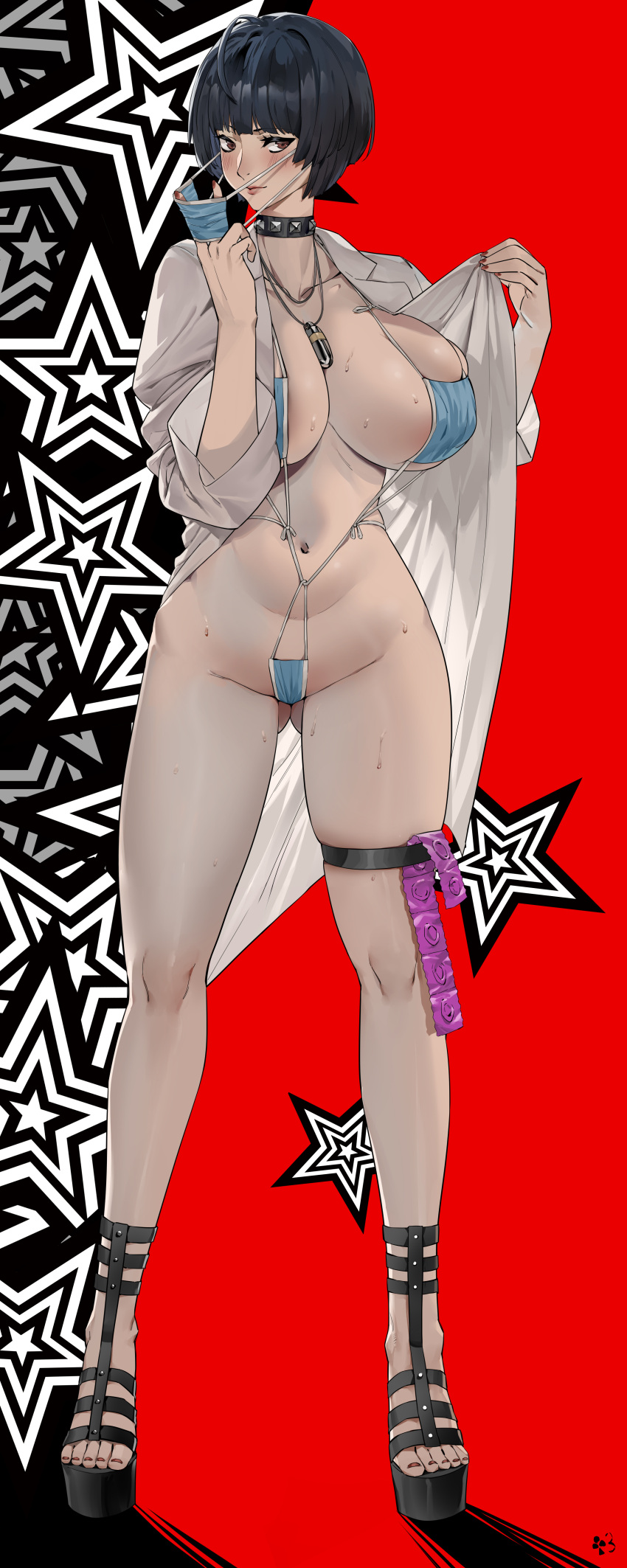 1girls absurdres ass_visible_through_thighs atlus black_hair breasts cleavage club3 condom_packet_strip doctor face_mask female goth huge_breasts labcoat light-skinned_female light_skin mask mask_bikini nanaya_(daaijianglin) naughty_face necklace persona persona_5 presenting short_hair spiked_choker sweat tae_takemi thick thick_thighs thigh_strap thighs wide_hips