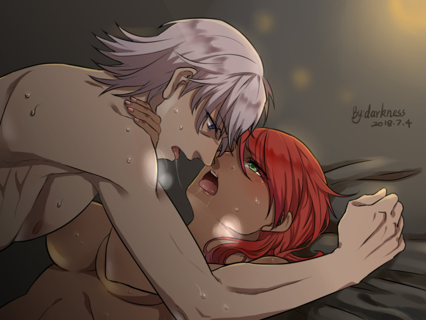 1boy 1boy1girl 1girls blue_eyes brown_skin convenient_censoring dante dante_(devil_may_cry) darkness_(artist) devil_may_cry devil_may_cry_2 green_eyes implied_penetration implied_sex kissing lucia_(devil_may_cry) nude nude_female nude_male on_bed pale_skin red_hair source_request straight sweat white_hair