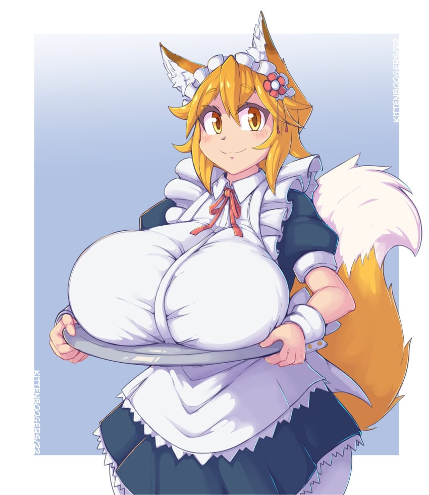 1girls big_breasts blush breasts breasts_on_plate breasts_on_tray clothed female fox fox_ears fox_girl fox_tail kittenboogers looking_at_viewer maid senko_(sewayaki_kitsune_no_senko-san) sewayaki_kitsune_no_senko-san tray yellow_eyes yellow_fur yellow_hair