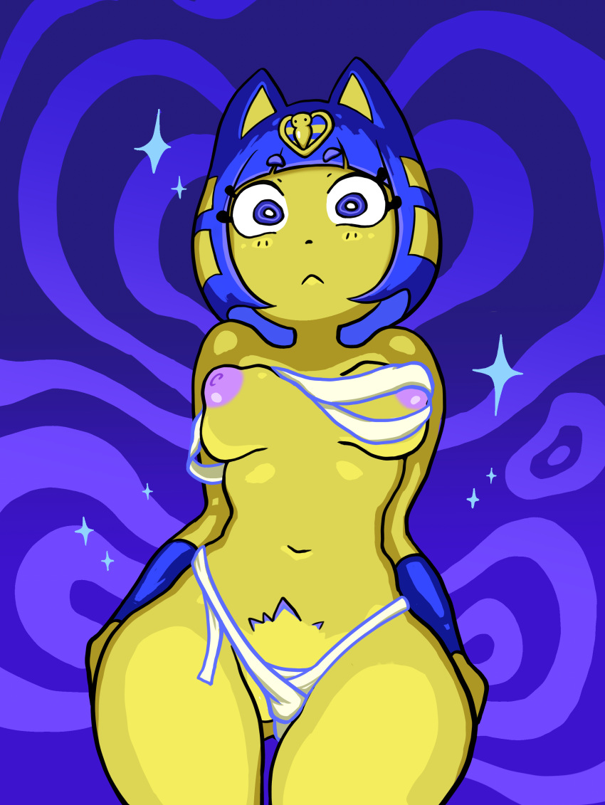 animal_crossing ankha ankha_(animal_crossing) ankha_ride_(minus8) bandage bandages bandages_around_chest blue_ears blue_eyes blue_hair breasts chest_wraps digital_media_(artwork) egyptian feline feline_humanoid female female_focus hair hi_res hypnotic hypnotizing_viewer looking_at_viewer lovepattern mammal mammal_humanoid markings navel nintendo nipples short_hair solo_focus staring_at_viewer yellow_body yellow_inner_ear yellow_skin