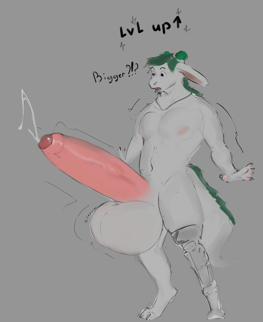 5_fingers absurd_res anthro balls big_balls big_penis dialogue dragon expansion fingers genital_expansion genitals green_hair gryn_(gryn_vs) gryn_vs hair hi_res huge_balls huge_cock hyper hyper_balls hyper_genitalia hyper_penis long_ears male male_only nipples penis penis_expansion prosthetic prosthetic_limb solo surprise swelling white_body