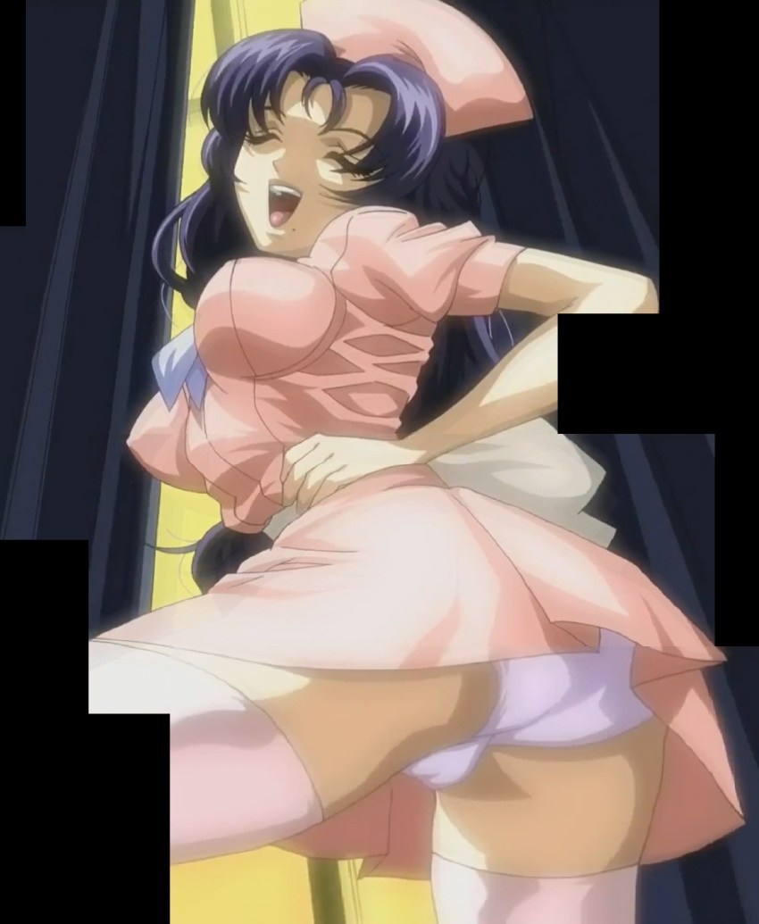 1girls anime_yagami_yuu ass breasts closed_eyes female female_only hand_on_hip highres long_hair medium_breasts milf modeling mole murakami_teruaki night_shift_nurses night_shift_nurses:_yagami_yuu nurse open_mouth panties pantyshot pose posing purple_hair screencap screenshot sensual shouko_(yakin_byoutou) smile solo stitched thighhighs thighs third-party_edit underwear white_panties yakin_byoutou