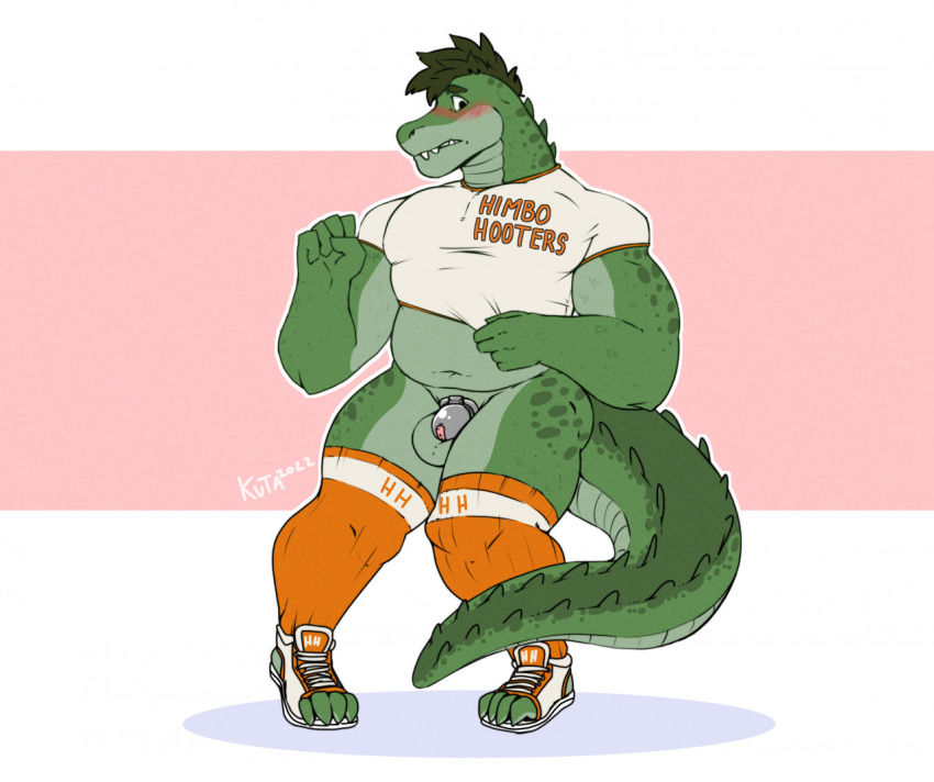 alligator alligatorid anthro balls blush bottomless chastity_cage chastity_device clothed clothing crocodilian genitals himbo_hooters knee_highs legwear male marcus_(trashrat) outcast-stars reptile scalie solo