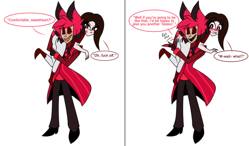 alastor_(hazbin_hotel) ass_up blush comic demon_girl femsub fngrlshay hazbin_hotel oc_x_canon original_character over_the_shoulder serenity_(oc) smooth_skin spankable spanked spanking text