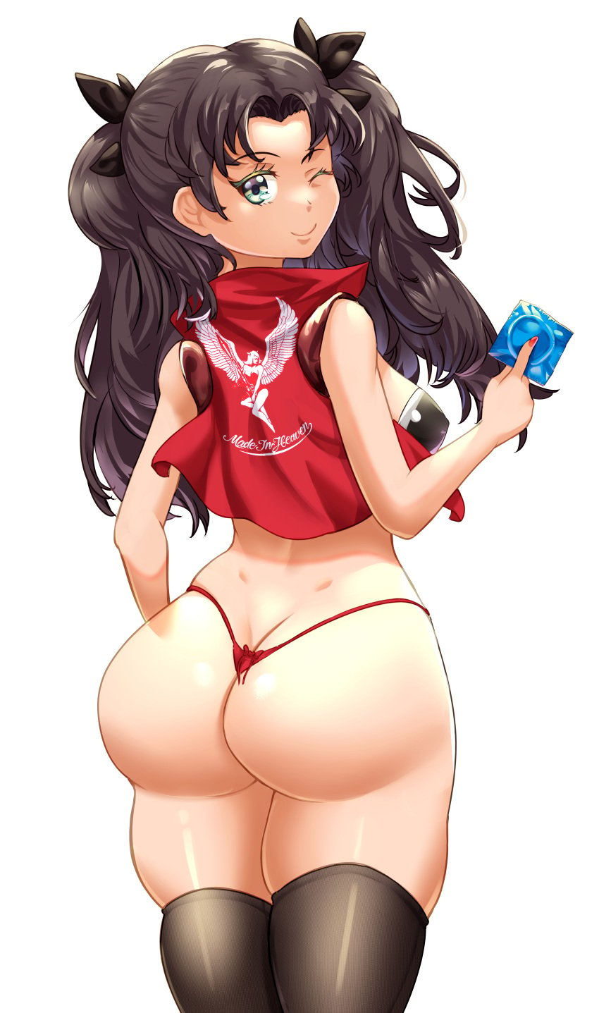 1girls absurd_res ass ass_cleavage big_ass big_butt black_hair blue_eyes breasts butt_crack cjhomics condom eye_contact fate/stay_night fate_(series) female female_focus female_only high_resolution huge_ass legwear looking_at_viewer looking_back smile solo solo_female thick_thighs thighhighs thighs thong tohsaka_rin twintails unopened_condom_wrapper