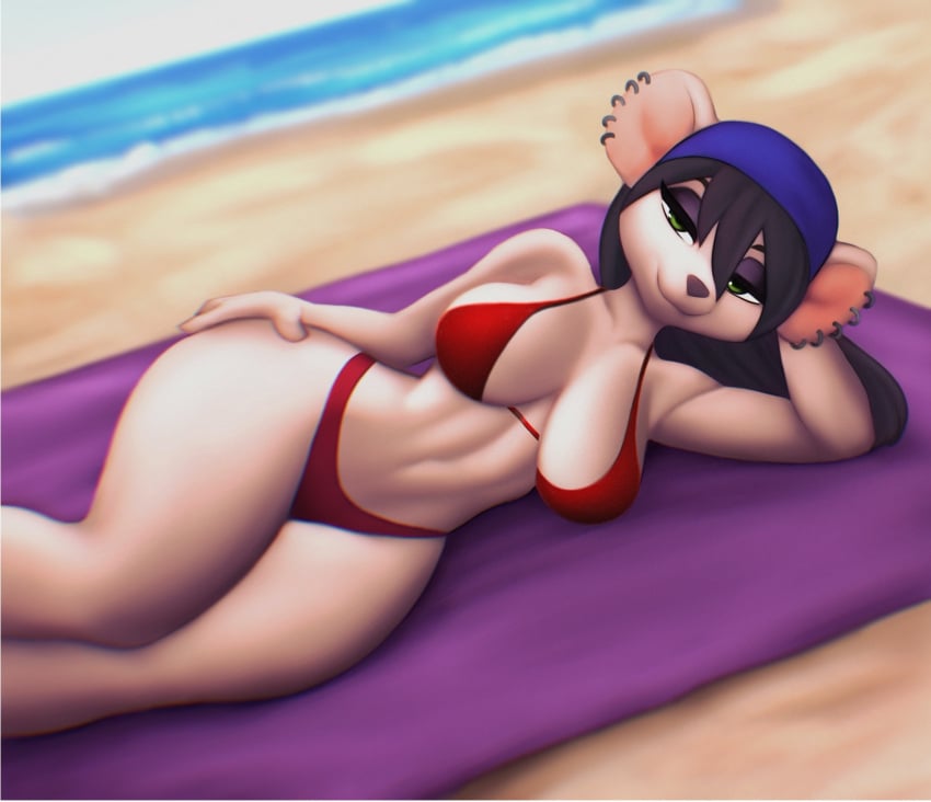 2022 anthro aozee ashley_the_mouse_(remaininglife) beach beach_towel big_breasts bikini black_hair black_pupils breasts digital_media_(artwork) ear_piercing female female_only furry furry_female furry_only green_eyes hair hand_on_ass hand_on_own_ass headwear inner_sideboob long_hair looking_at_viewer lying mammal mammal_humanoid mouse mouse_humanoid no_humans on_side panties piercing piercings red_bikini red_bikini_top red_panties rodent rodent_humanoid sand smile smiling_at_viewer solo solo_female tagme towel water white_body white_sclera