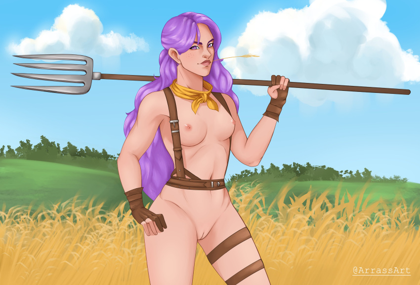 arrassart belt casual critical_role critical_role:_bell's_hells dungeons_and_dragons female freckles handwear harness human imogen_temult legwear neckwear pale_skin pink_hair psychic purple_hair shaved_pussy solo_female sorcerer tactical_nudity weapon