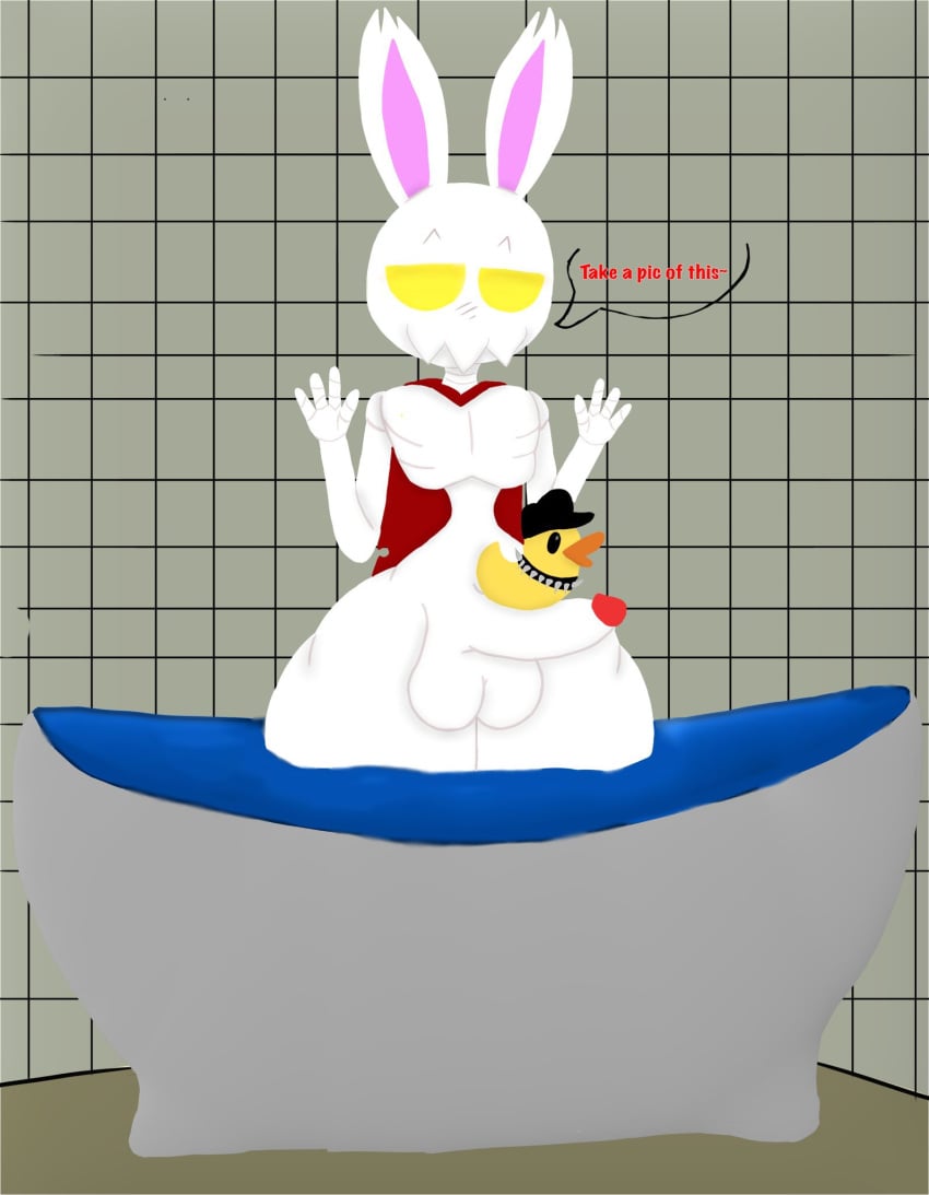 anthro arkedo ash_the_dead_rabbit balancing balls bathroom bathtub bone cape clothing curvy_figure english_text genitals hell_yeah!_wrath_of_the_dead_rabbit hi_res lagomorph leporid male mammal matborowski object_on_penis penis rabbit red_clothing rubber_duck sega skeleton solo tagme text water wide_hips yellow_eyes