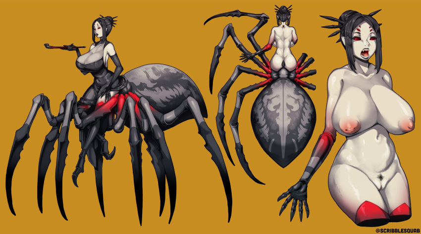 1girls accessory arachnid arachnid_taur araneomorph arthropod arthropod_taur big_breasts black_hair breasts clothed clothing female hair_accessory hi_res humanoid kiseru model_sheet nipples nude open_mouth pipe pubic_hair_peek puffy_nipples scrib_squab solo spider spider_taur taur theridiid widow_spider