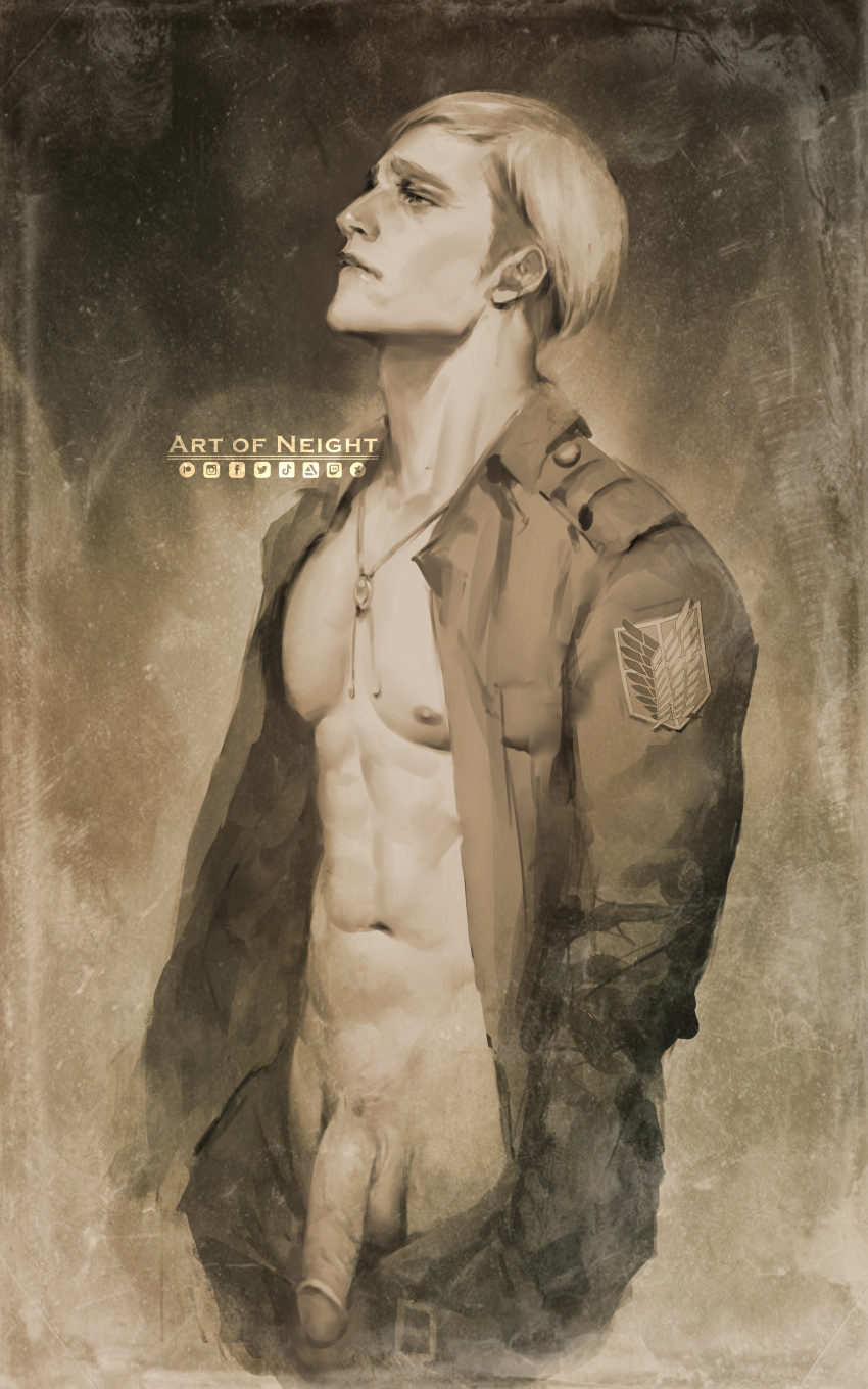 1boy attack_on_titan biting_lip bolo_tie circumcised clothing erwin_smith genitals male male_only monochrome neight open_jacket painting_(artwork) penis shingeki_no_kyojin solo solo_focus undercut vein veiny_penis