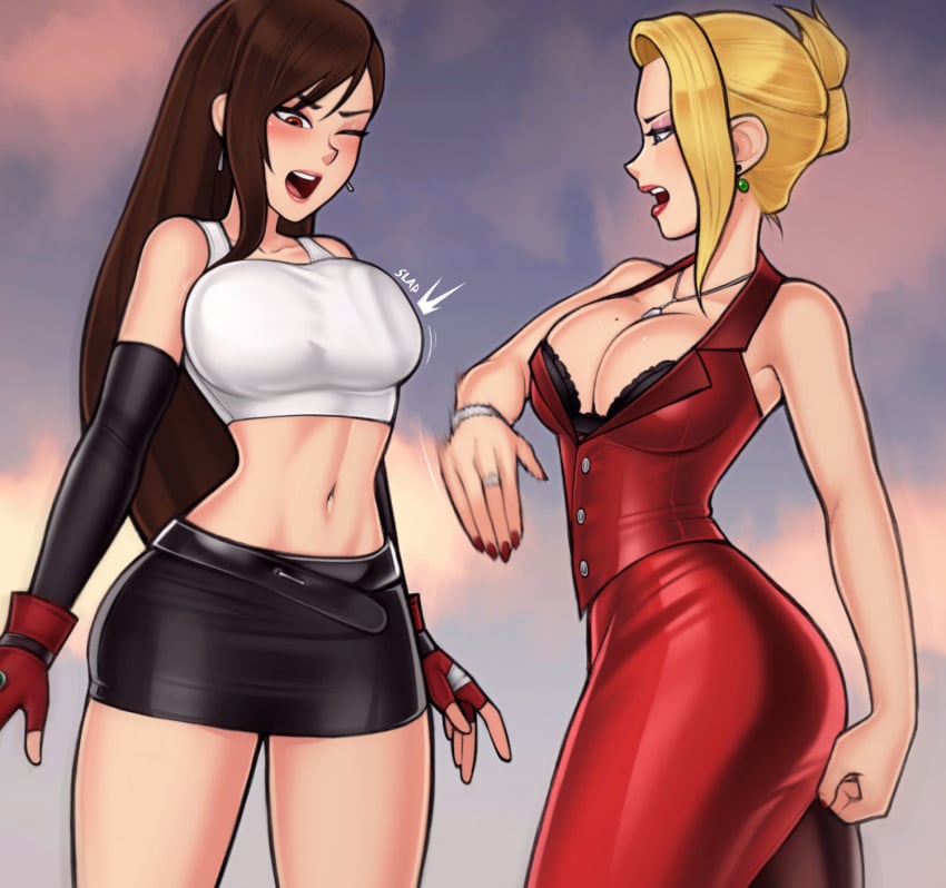 2girls ass big_ass big_breasts black_hair blonde_female blonde_hair blue_eyes breast_slap breasts catfight cleavage female female_only final_fantasy final_fantasy_vii loodncrood mole_on_breast multiple_girls navel red_eyes scarlet_(ffvii) slap square_enix thick_thighs tifa_lockhart uncensored