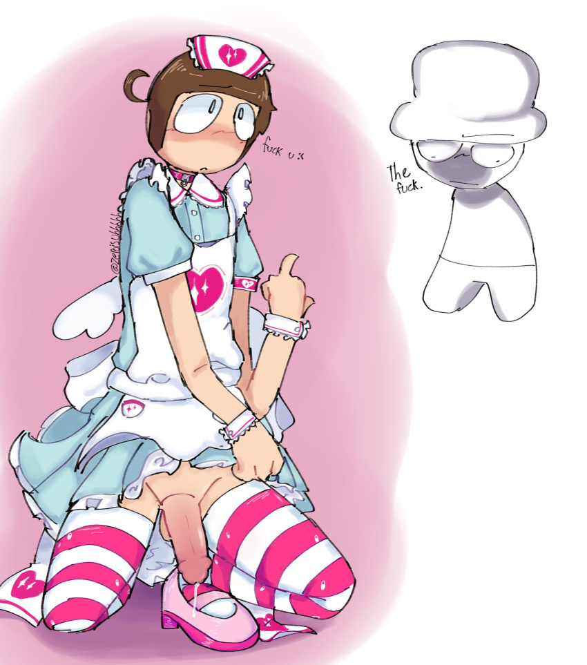 bambi_(moldygh) dave_(moldygh) dave_and_bambi_mod erection expressionless femboy heart heart_clothing middle_finger nurse nurse_clothing text